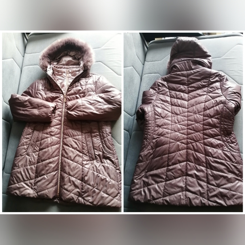 Marcona Winter Jacket Women's Plus Size Fitted Hooded Faux Fur Trim Mauve-colour